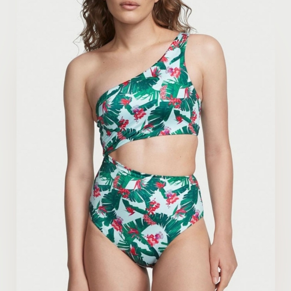 Victoria's Secret Swim Cutout One Piece Swimsuit in Blue Palm